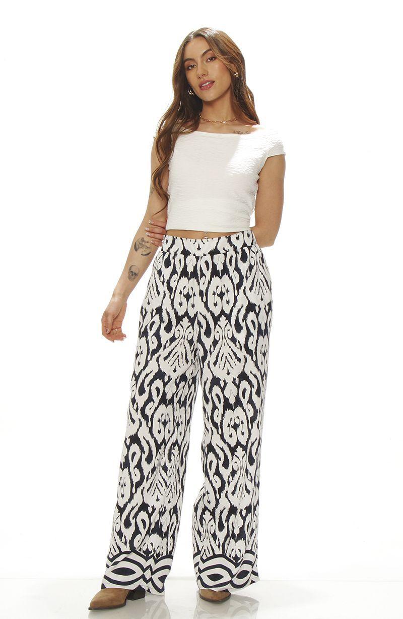 Pantalon Wide Leg Estampado Tiro Alto Pretina Elasticada-3