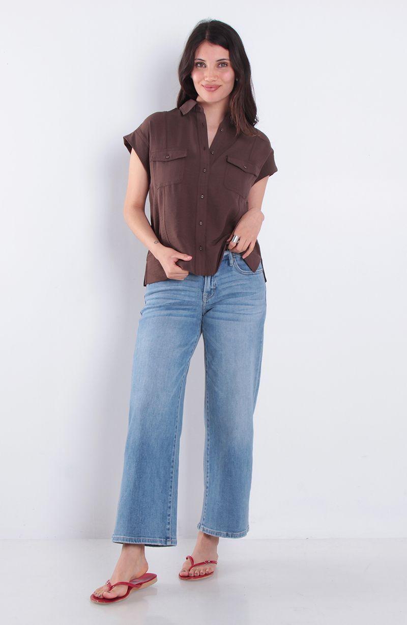 Blusa Manga Corta Abotonada En Delantero Con Bolsillos-5