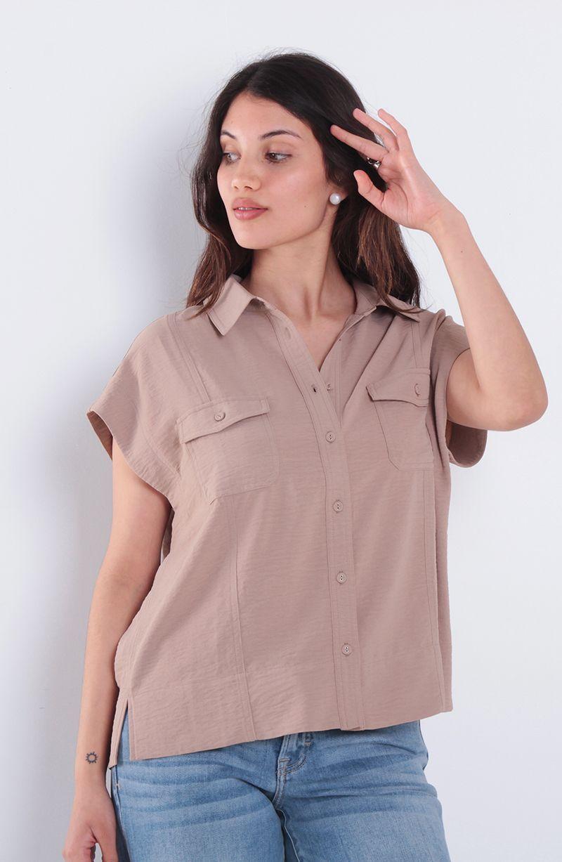 Blusa Manga Corta Abotonada En Delantero Con Bolsillos-0