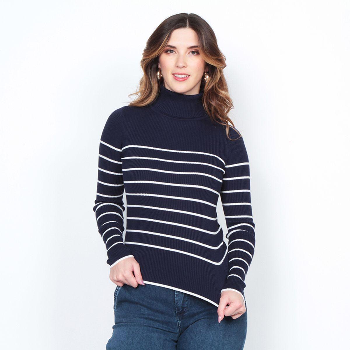 Sweater Manga Larga Listada Con Cuello Alto-0