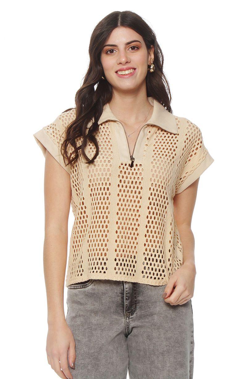 Polera Manga Corta Tejida Escote V-0