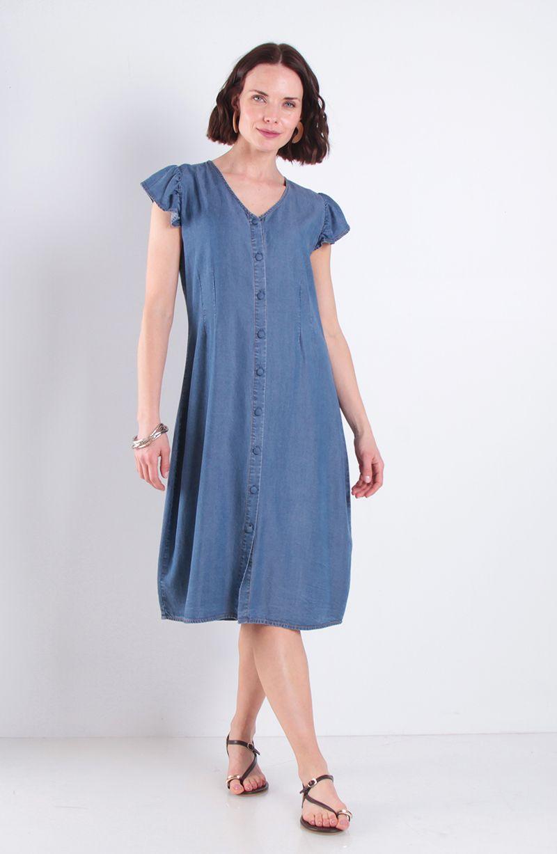 Vestido Tencel Manga Corta Escote V Abotonado En Delantero-0