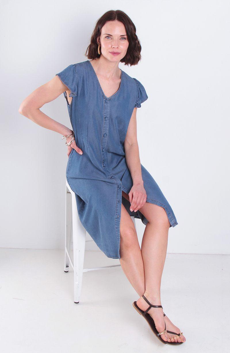 Vestido Tencel Manga Corta Escote V Abotonado En Delantero-5