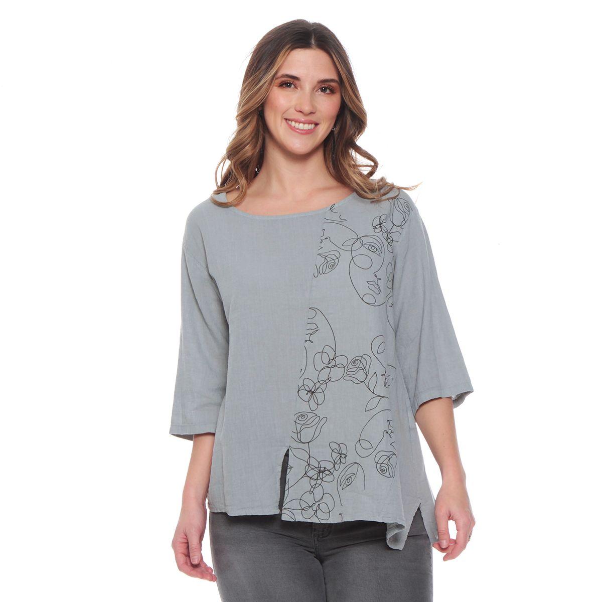 Blusa Manga 3/4 Solida  Escote Redondo Con Bordado-0