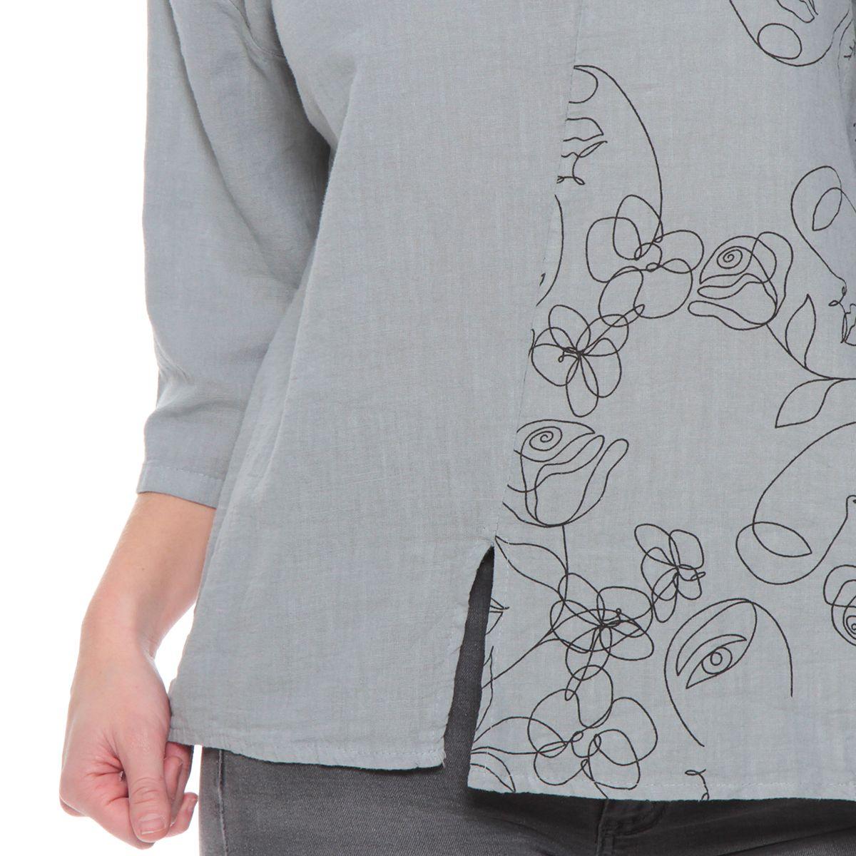 Blusa Manga 3/4 Solida  Escote Redondo Con Bordado-1