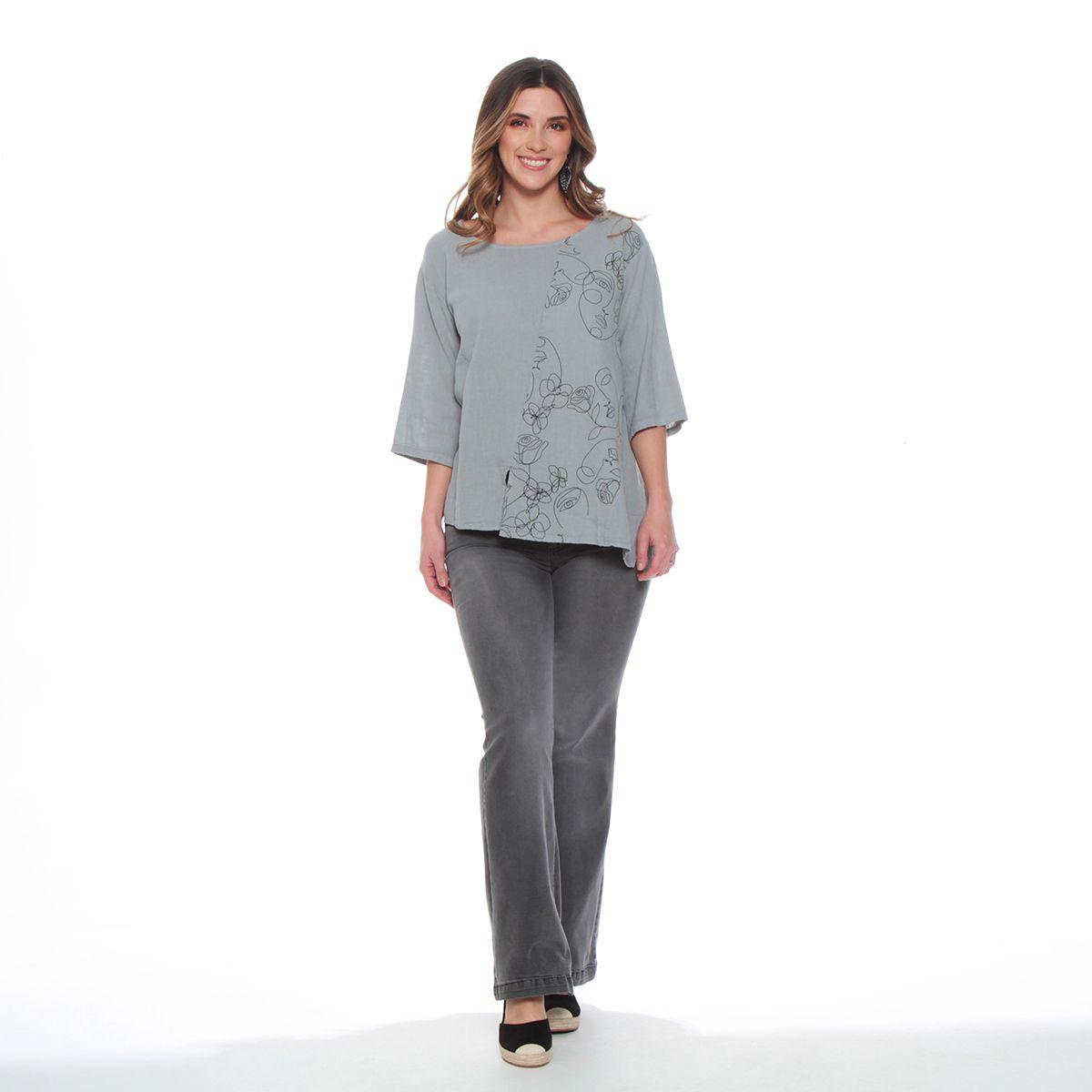 Blusa Manga 3/4 Solida  Escote Redondo Con Bordado-2