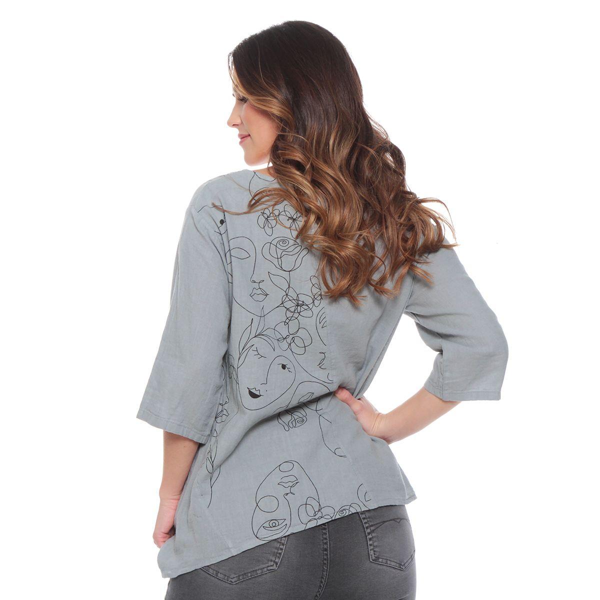 Blusa Manga 3/4 Solida  Escote Redondo Con Bordado-4