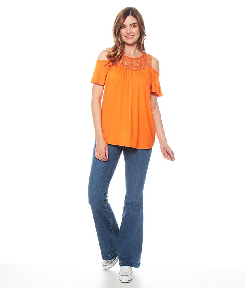 Polera Manga Corta Solida Escote Con Aplicacion Hombro Descubierto-2