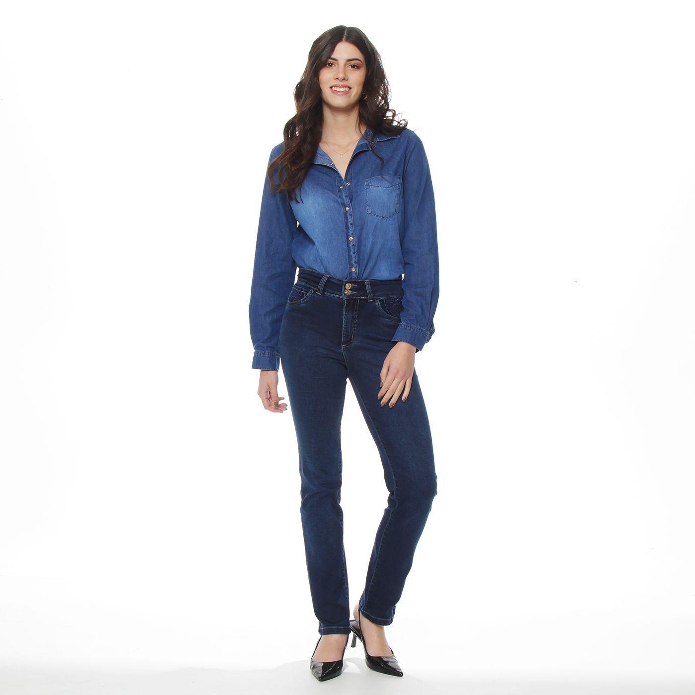 Jeans Recto Tiro Alto Pretina Media  Aplicacion Bordado-4