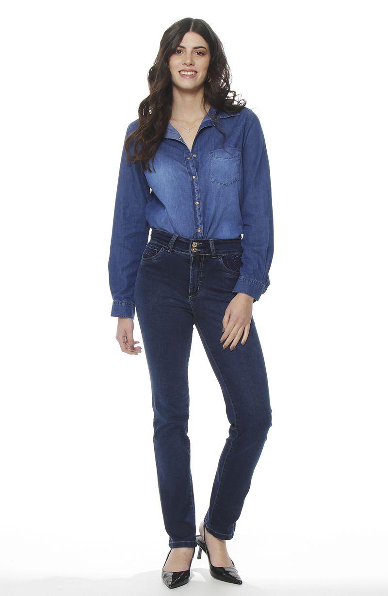 Jeans Recto Tiro Alto Pretina Media  Aplicacion Bordado-3