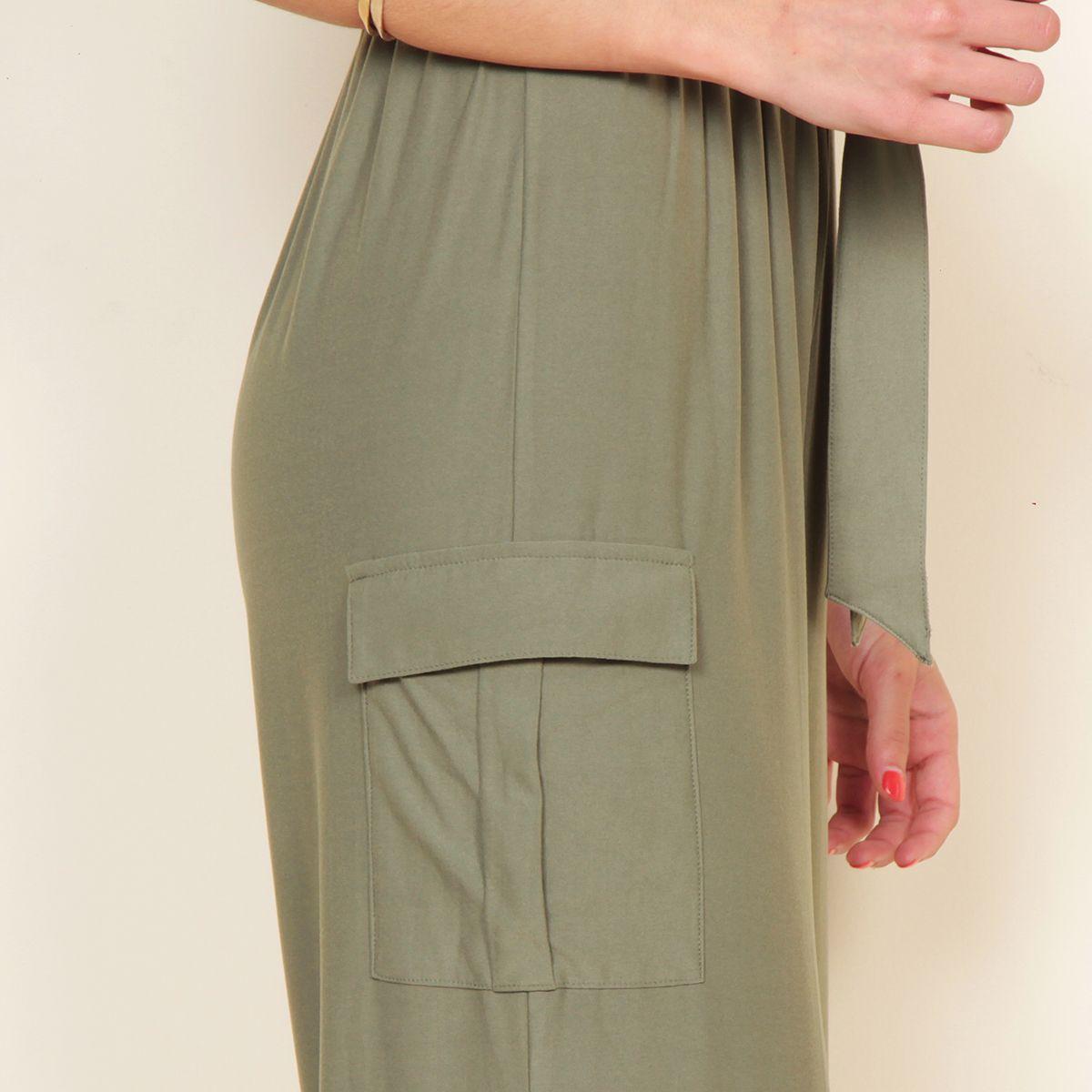 Enterito Cargo Sin Manga Escote V Abotonado Con Lazo En Cintura-4