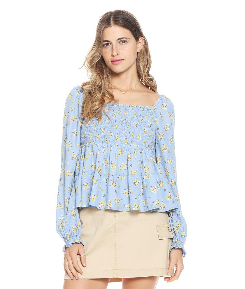 Blusa Manga Larga Estampada Escote Redondo Cintura Suelta-0