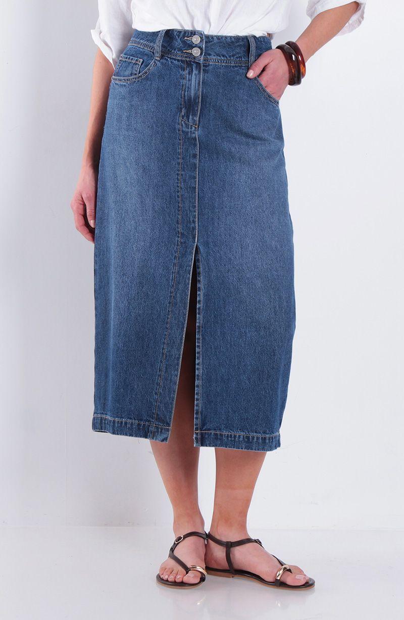 Falda Denim Pretina Media 2 Botones Con Abertura En Delantero-0