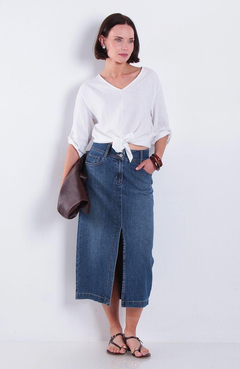 Falda Denim Pretina Media 2 Botones Con Abertura En Delantero-5
