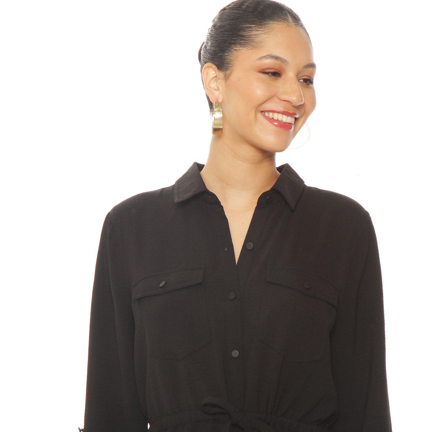 Vestido Manga Larga  Abotonado En Delantero Con Cintura Ajustable-2