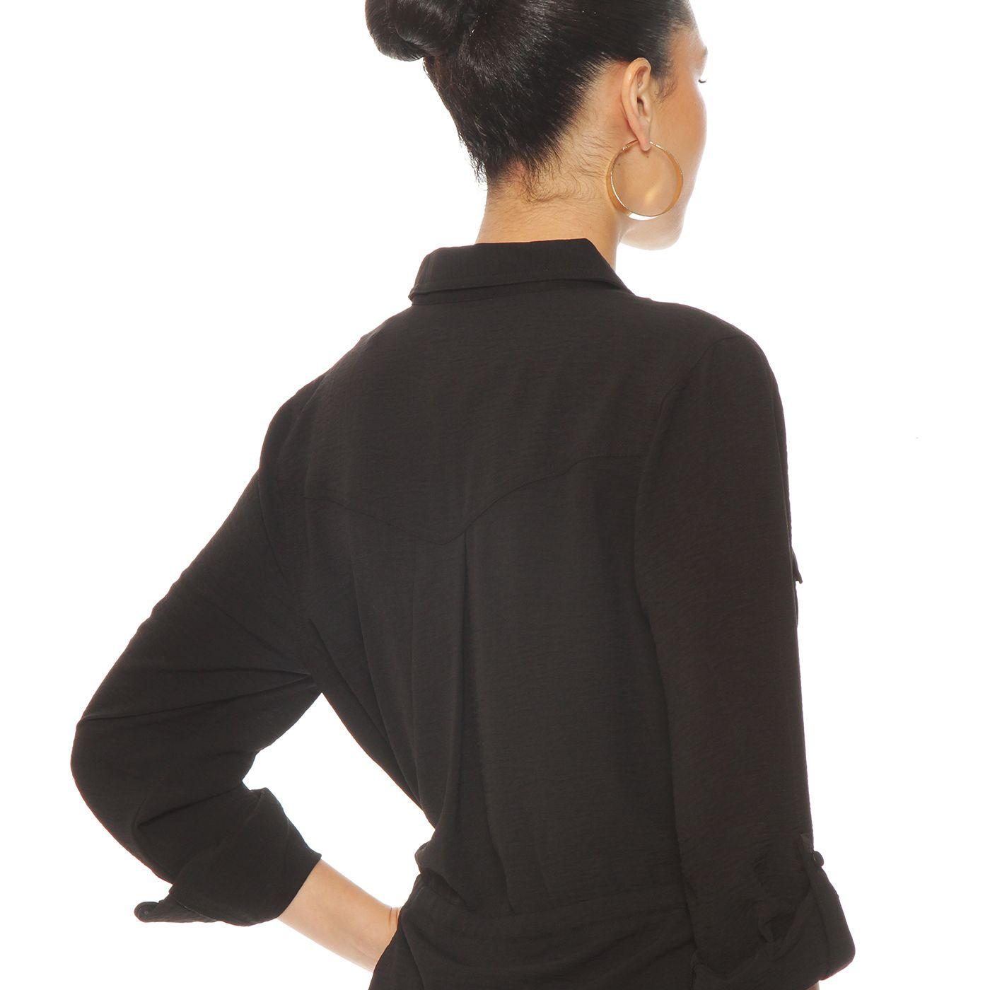 Vestido Manga Larga  Abotonado En Delantero Con Cintura Ajustable-7