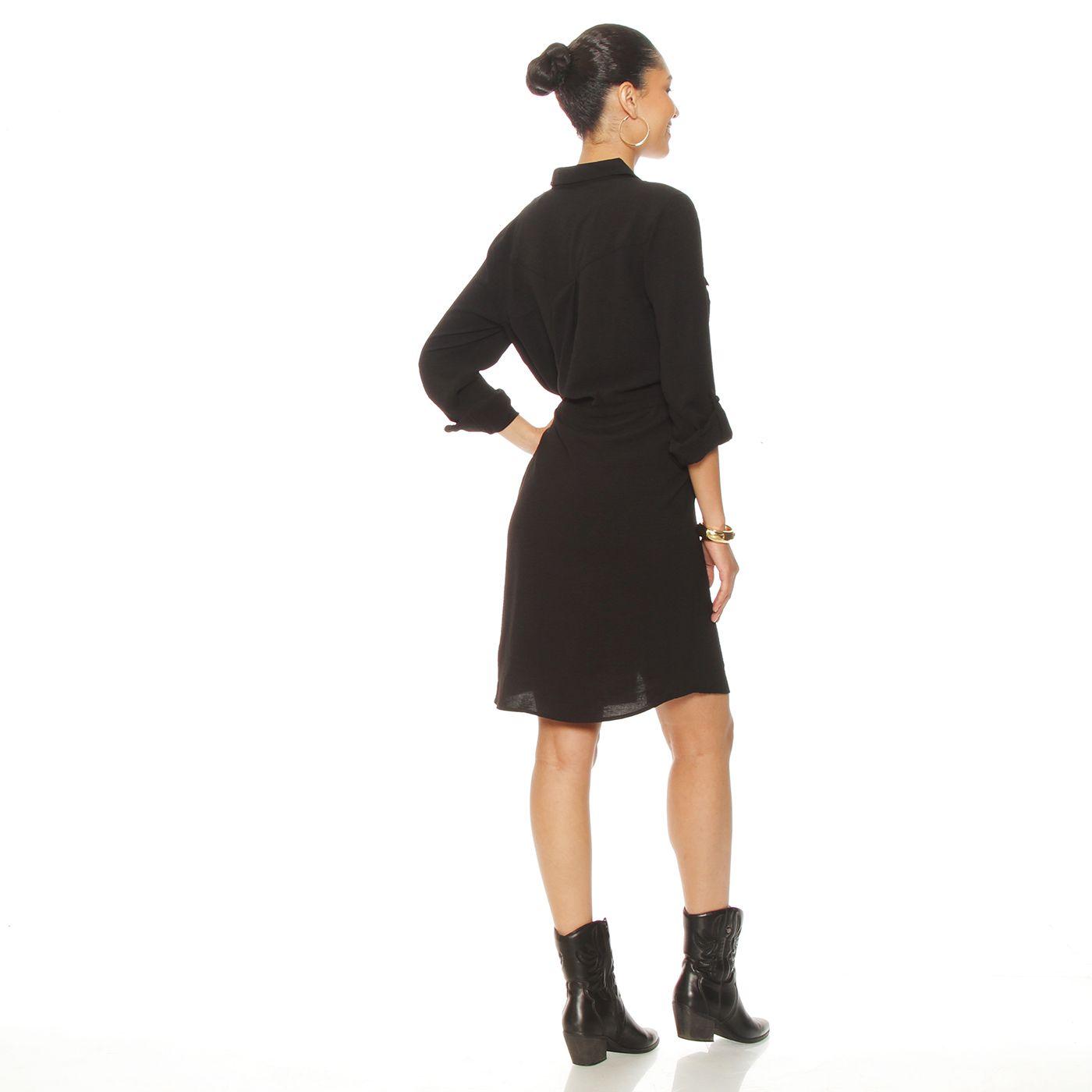 Vestido Manga Larga  Abotonado En Delantero Con Cintura Ajustable-3