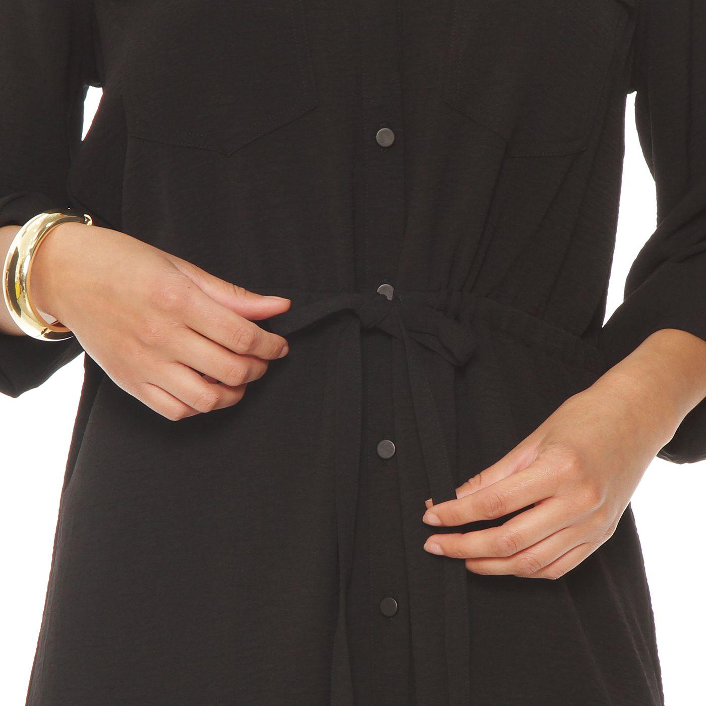 Vestido Manga Larga  Abotonado En Delantero Con Cintura Ajustable-4