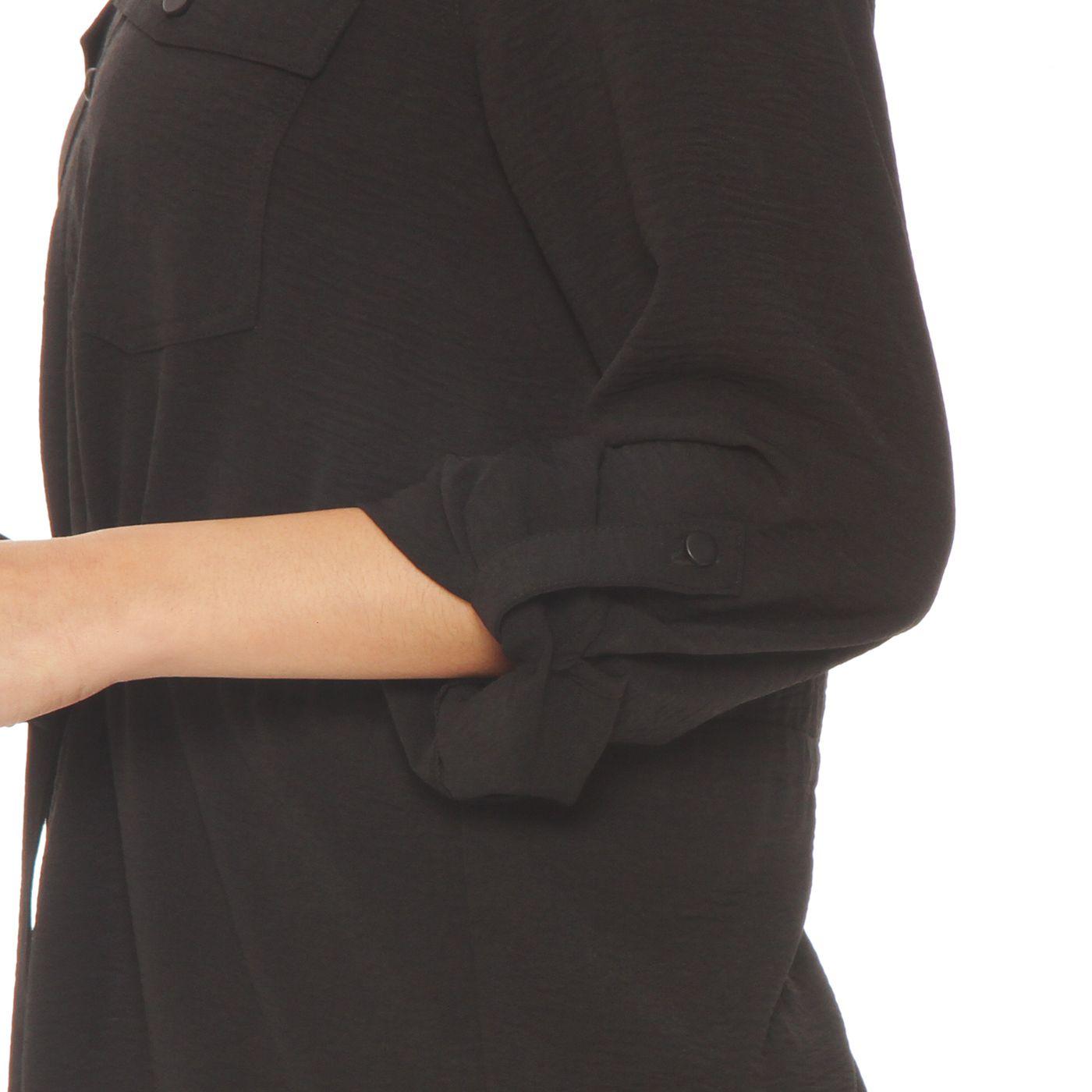 Vestido Manga Larga  Abotonado En Delantero Con Cintura Ajustable-5