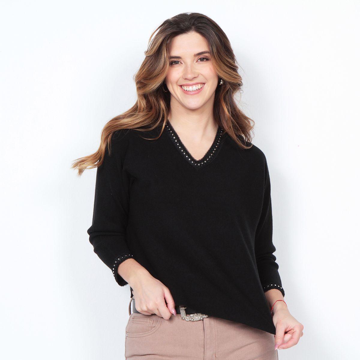 Sweater Manga 3/4 Solido Escote V Con Aplicacion Es Escote Y Punos-0