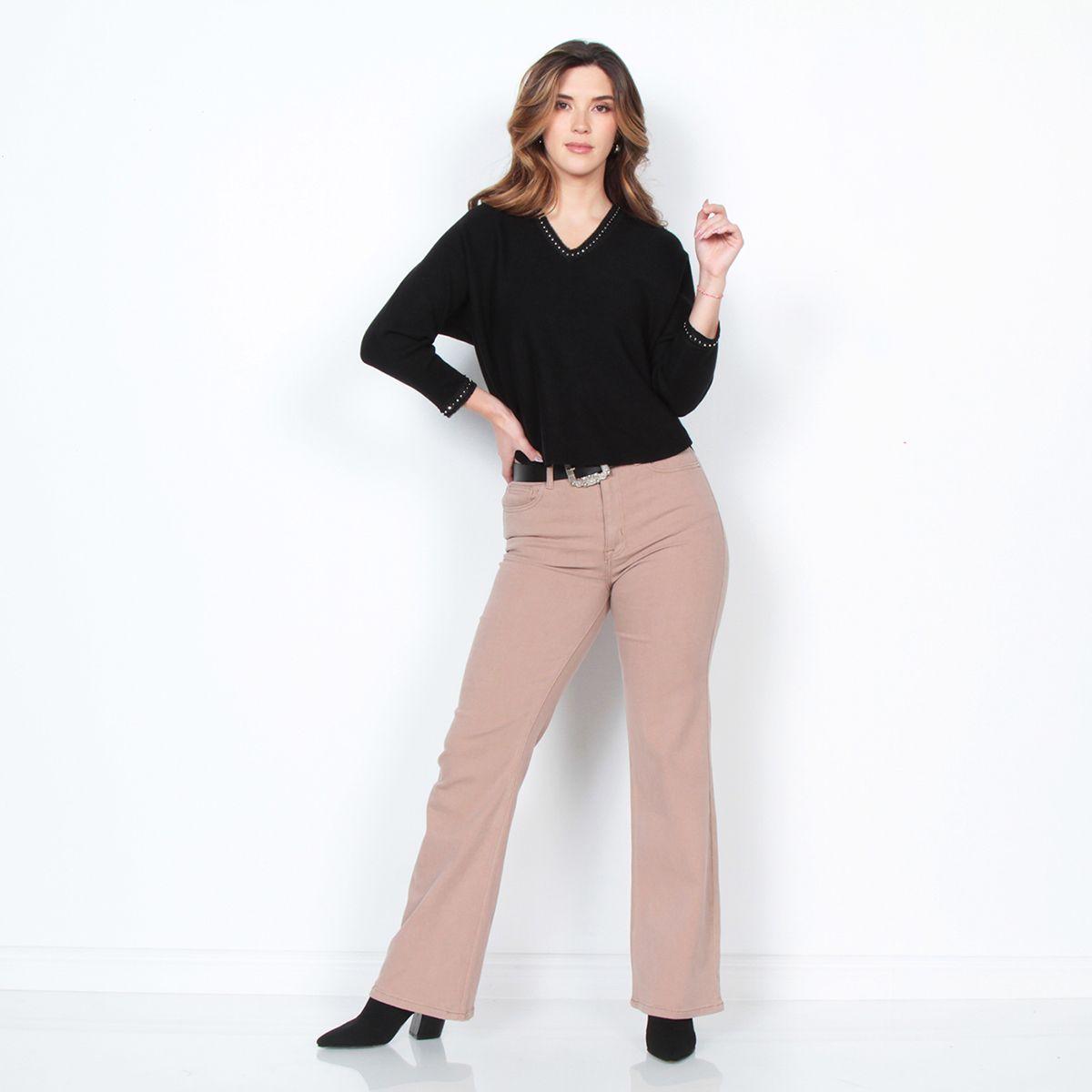 Sweater Manga 3/4 Solido Escote V Con Aplicacion Es Escote Y Punos-3