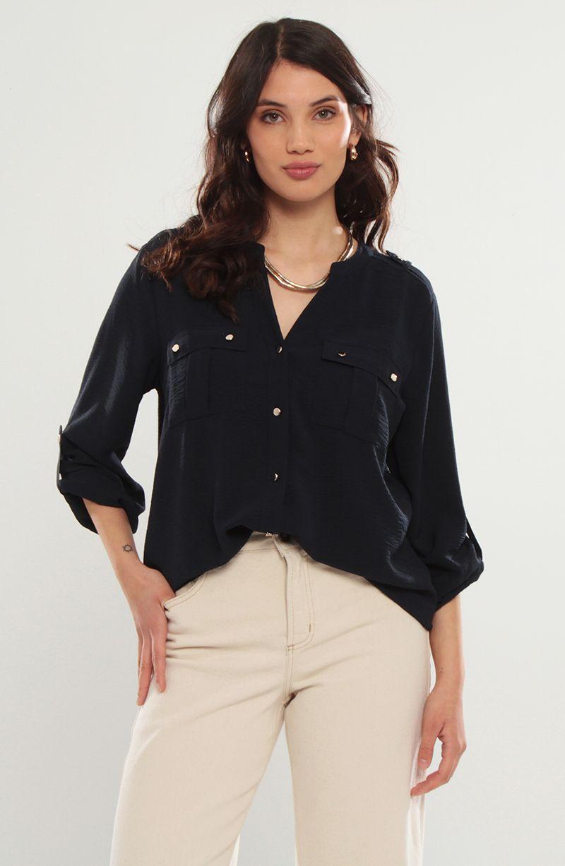 Blusa Manga Larga Abotonada En Delantero Con Bolsillo Escote V-0