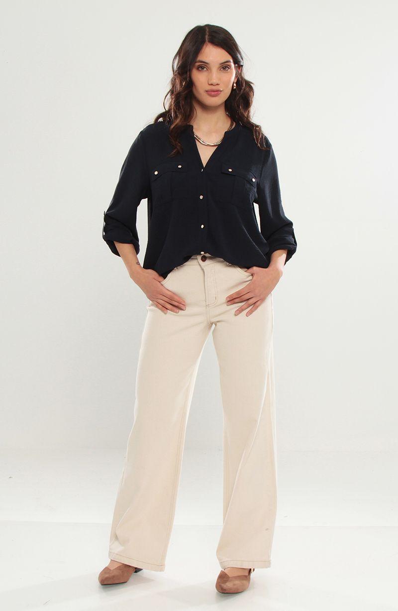 Blusa Manga Larga Abotonada En Delantero Con Bolsillo Escote V-7
