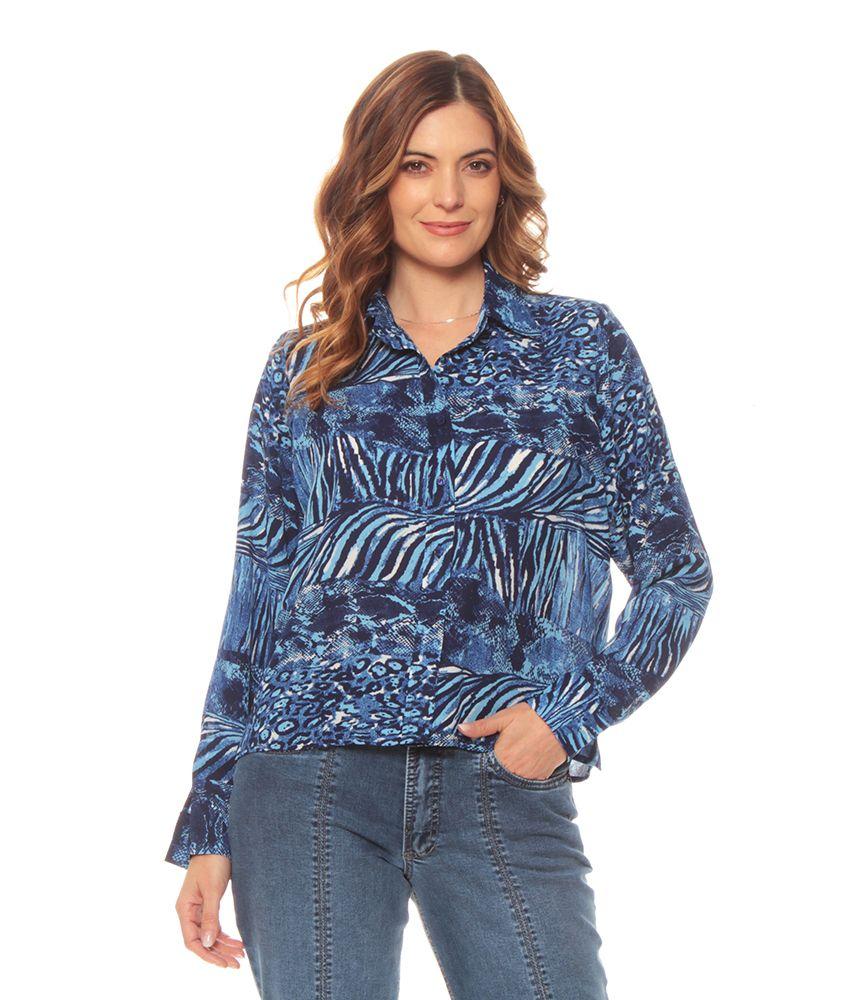Blusa Manga Larga Estampada Abotonada Cuello Camisero-0