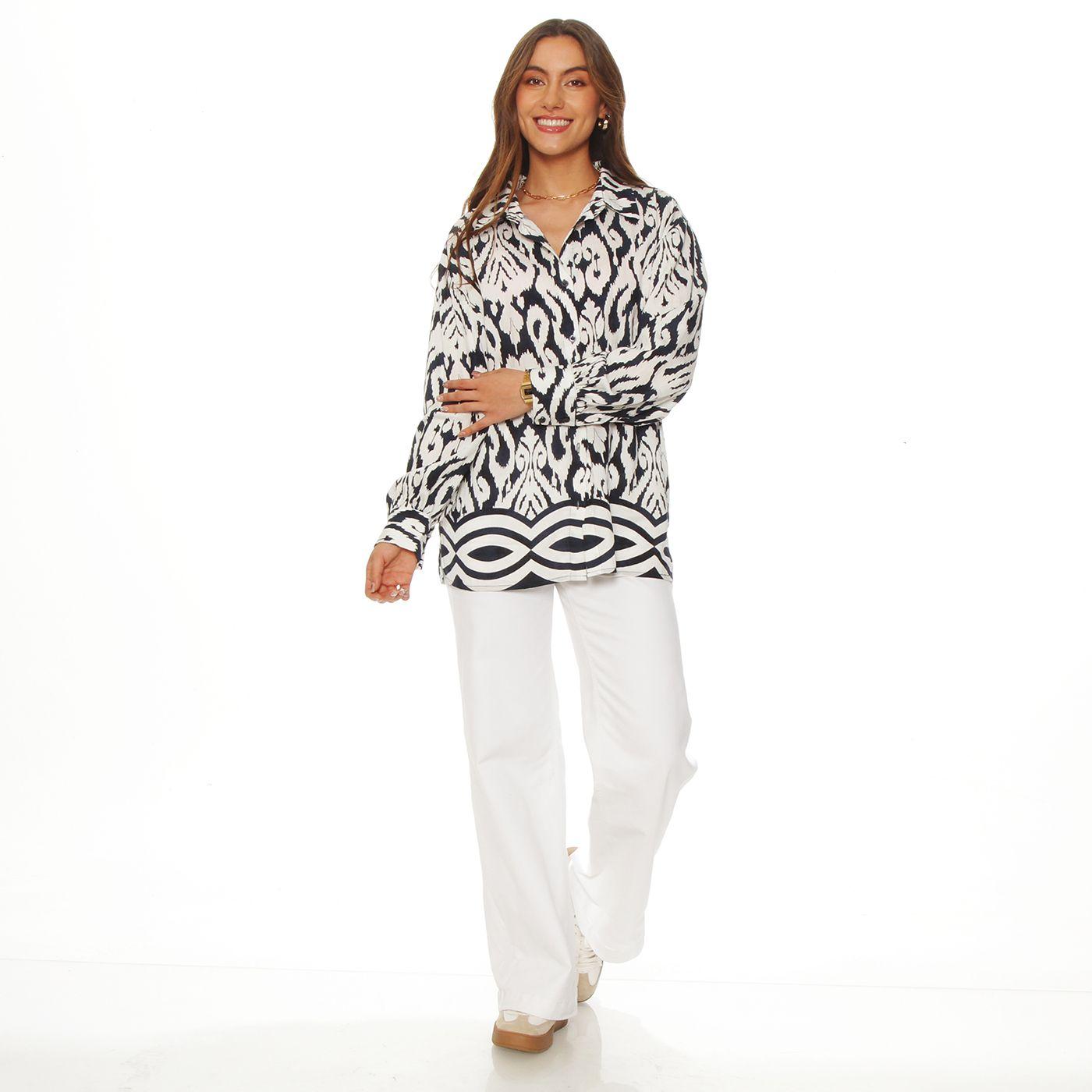 Blusa Manga Larga Estampada Abotonada En   Delantero-3