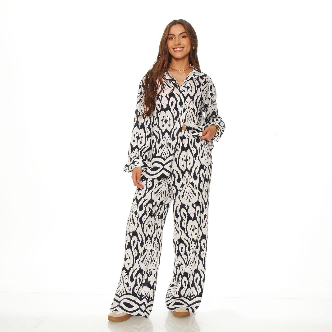 Blusa Manga Larga Estampada Abotonada En   Delantero-7