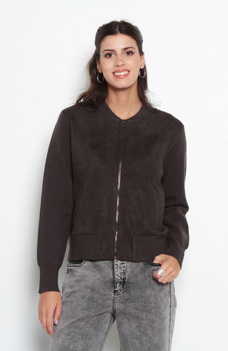 Chaqueta Suede Manga Larga Tejida Con Cierre En Delantero-0