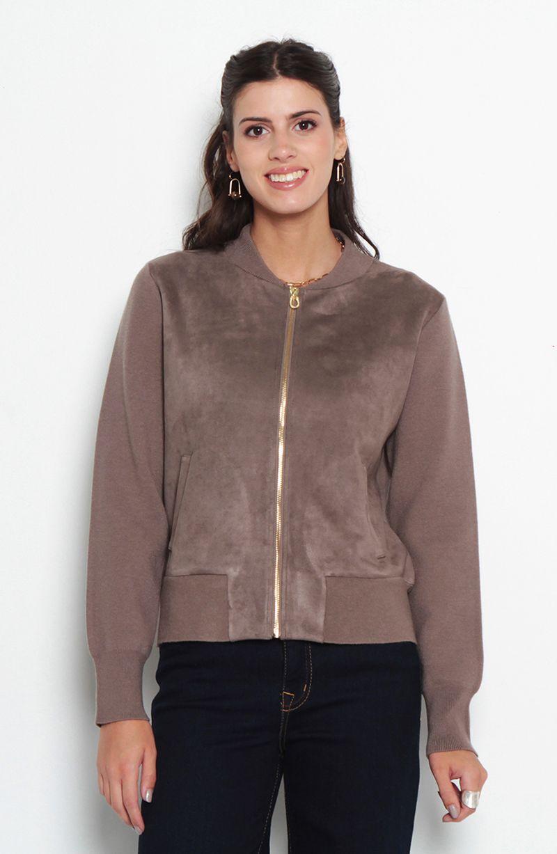 Chaqueta Suede Manga Larga Tejida Con Cierre En Delantero-0