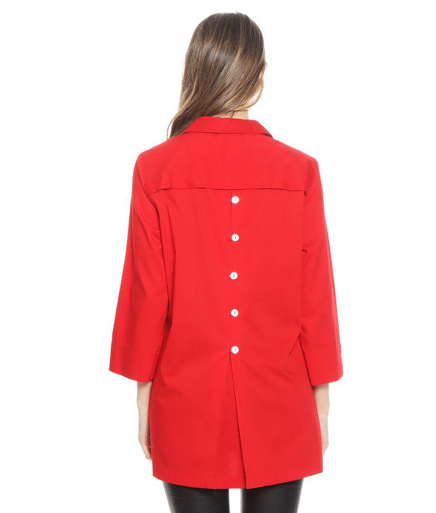 Blusa Manga Larga Solida Abotonada Con Detalle En Espalda-4