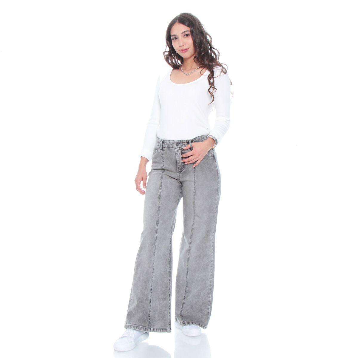 Jeans Wide Leg Tiro Alto Pretina Interna 1 Boton Corte Central-4