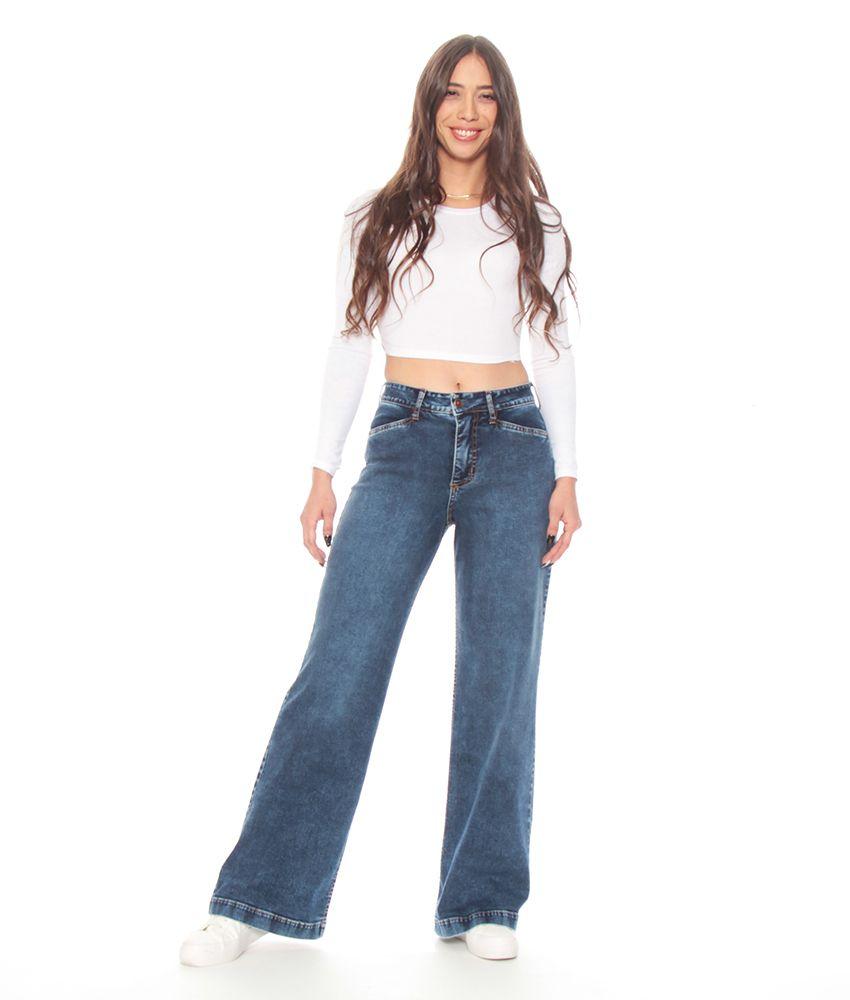 Jeans Wide Leg Tiro Alto Pretina Basica 1 Boton-5