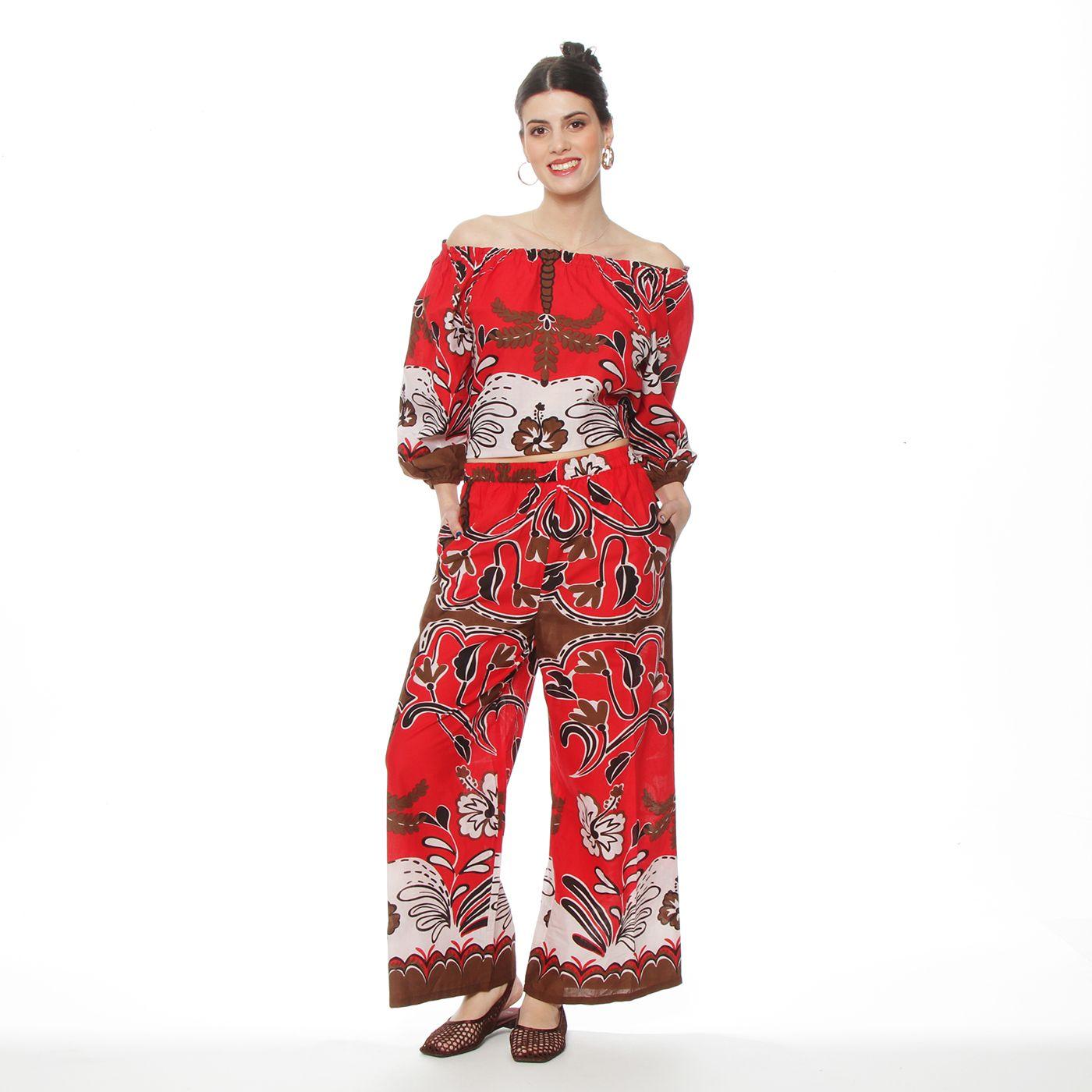 Pantalon  Wide Leg Estampado Tiro Alto Pretina Basica-2