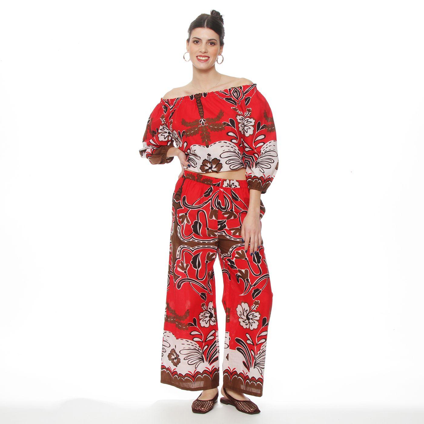 Pantalon  Wide Leg Estampado Tiro Alto Pretina Basica-4