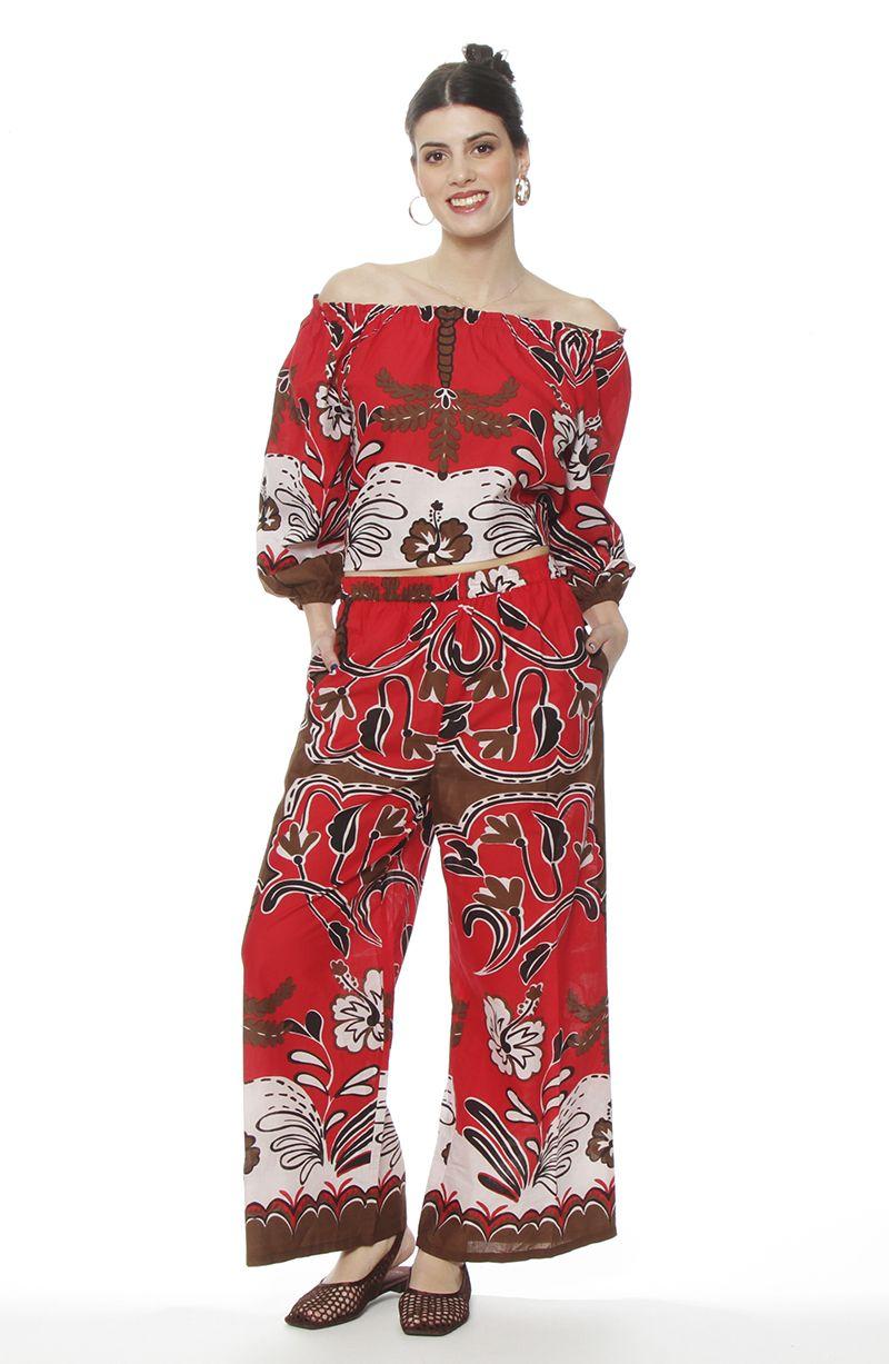 Pantalon  Wide Leg Estampado Tiro Alto Pretina Basica-2