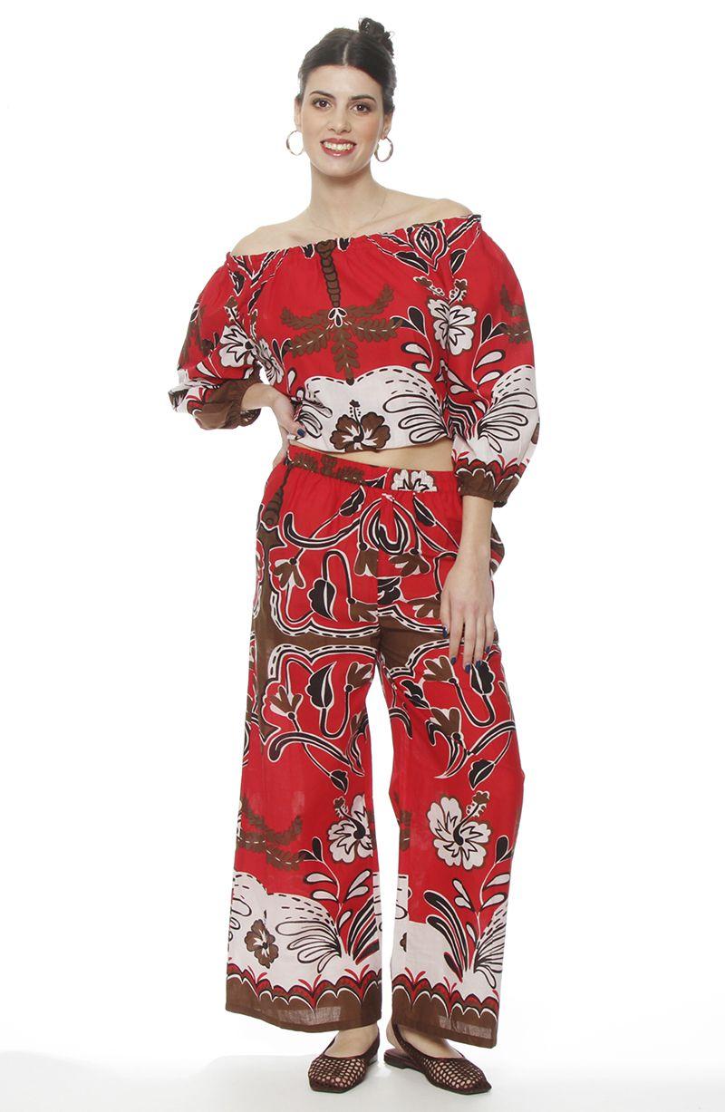 Pantalon  Wide Leg Estampado Tiro Alto Pretina Basica-4