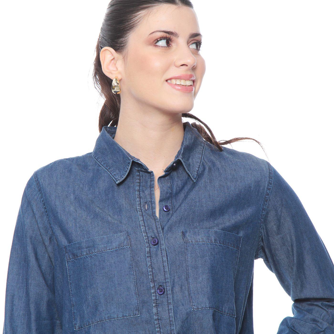 Blusa Manga Larga Lyocell Abotonada En El Delantero Y Bolsillos-3