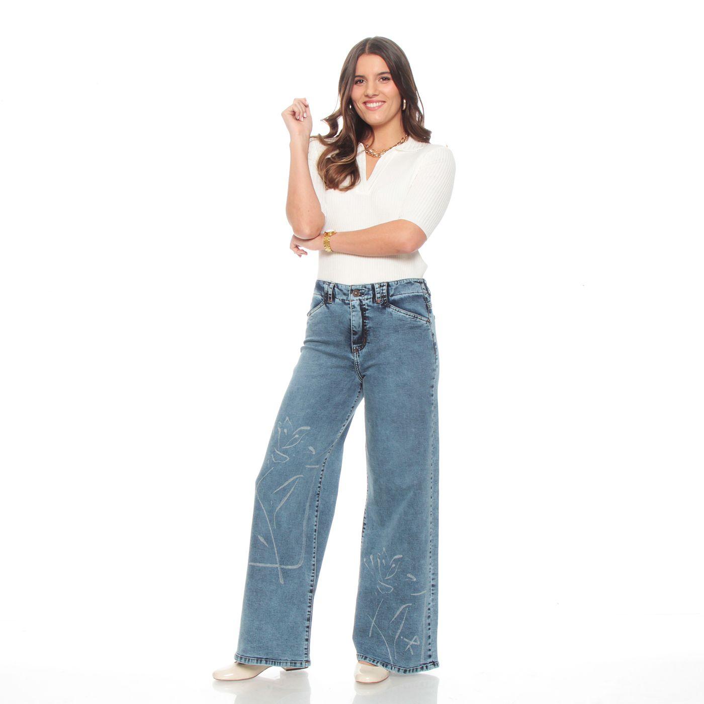 Jeans Wide Leg Tiro  Alto Print Pretina 1 Boton-3