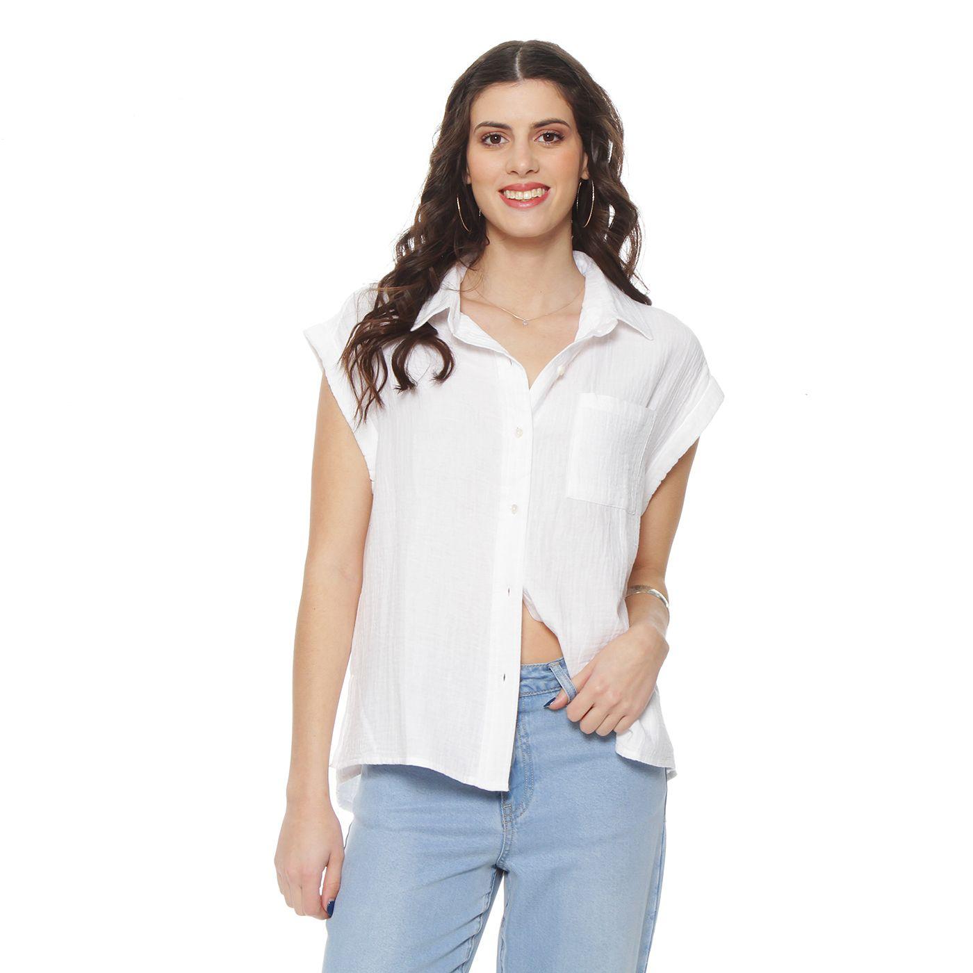 Blusa Manga Corta Solido Abotonada En El Delnatero-2