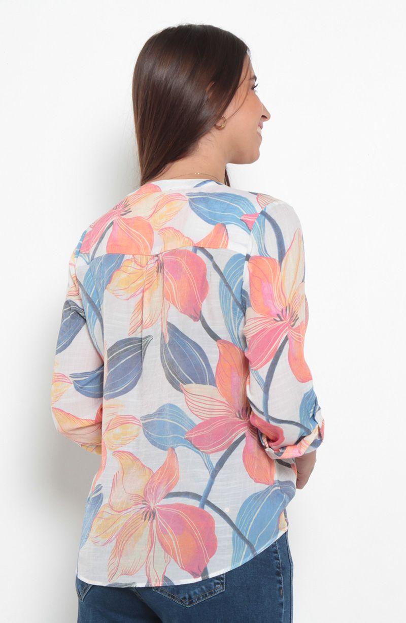 Blusa Manga Larga Estampada Abotonada En Delantero Con Bolsillo-3