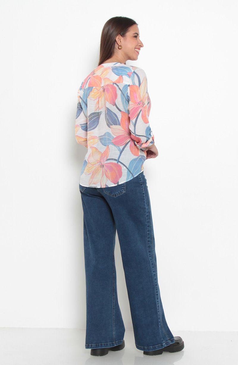 Blusa Manga Larga Estampada Abotonada En Delantero Con Bolsillo-4