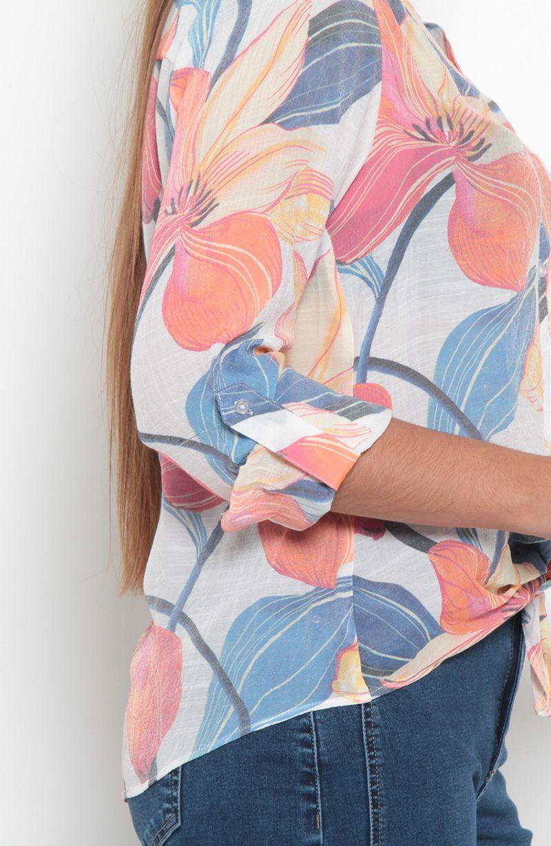 Blusa Manga Larga Estampada Abotonada En Delantero Con Bolsillo-5
