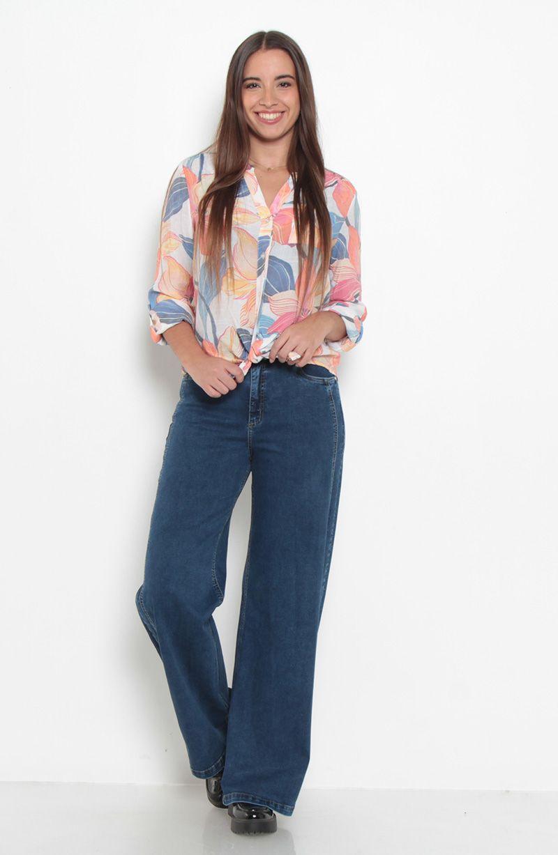 Blusa Manga Larga Estampada Abotonada En Delantero Con Bolsillo-7