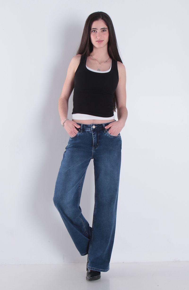 Jeans Wide Leg Tiro Alto Pretina Basica 1 Boton-5