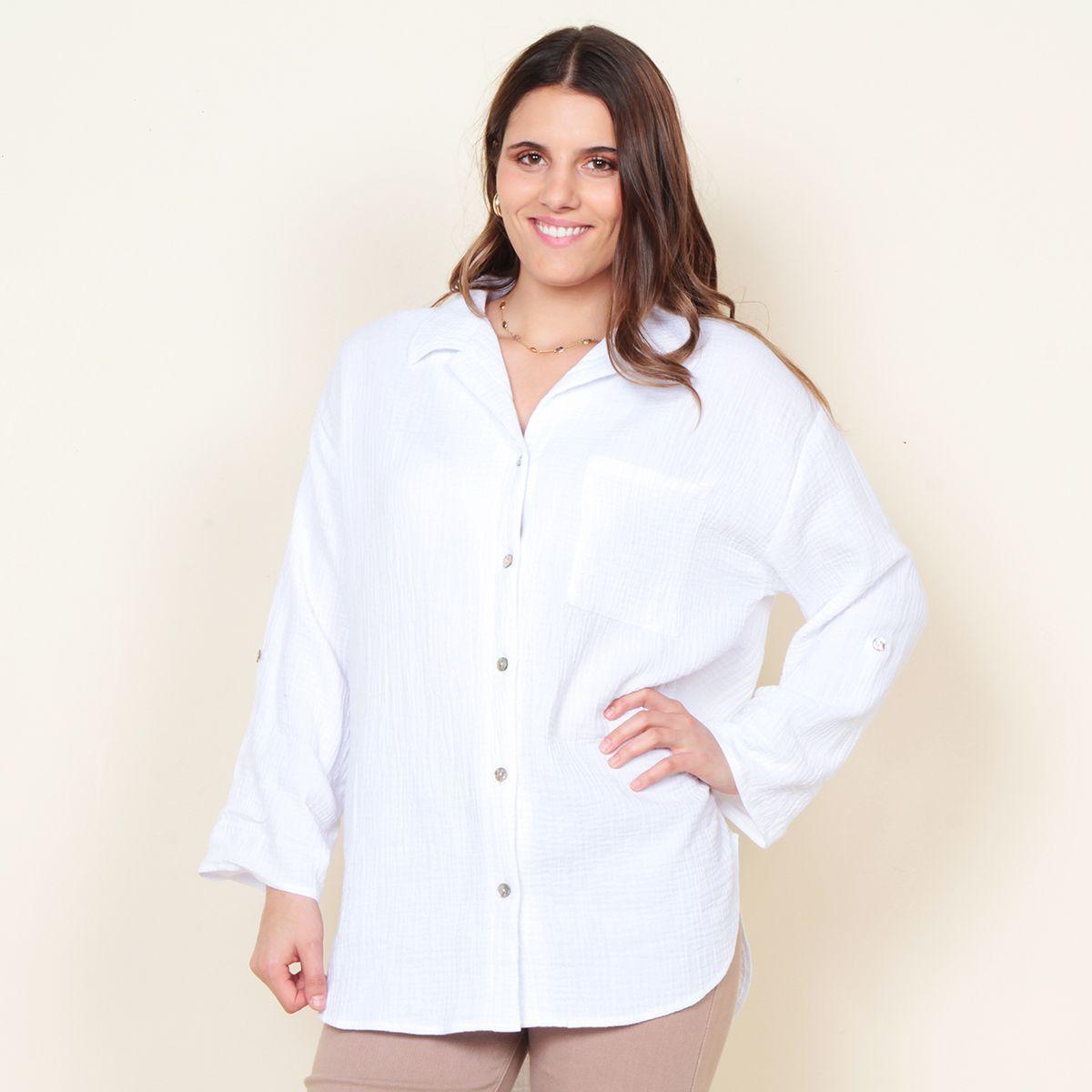 Blusa Manga Larga Solida Abotonada En El Delantero Y Bolsillo-0