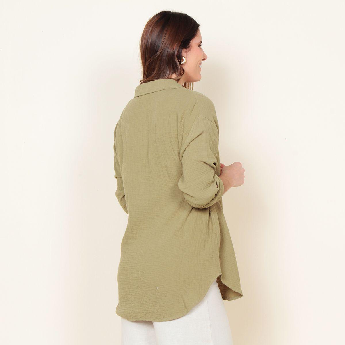 Blusa Manga Larga Solida Abotonada En El Delantero Y Bolsillo-5