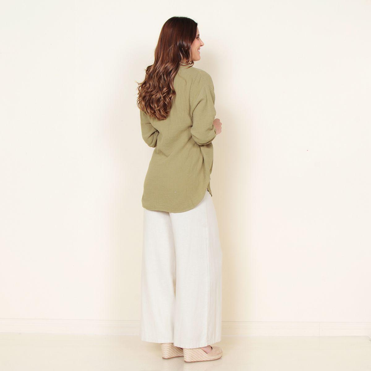 Blusa Manga Larga Solida Abotonada En El Delantero Y Bolsillo-6